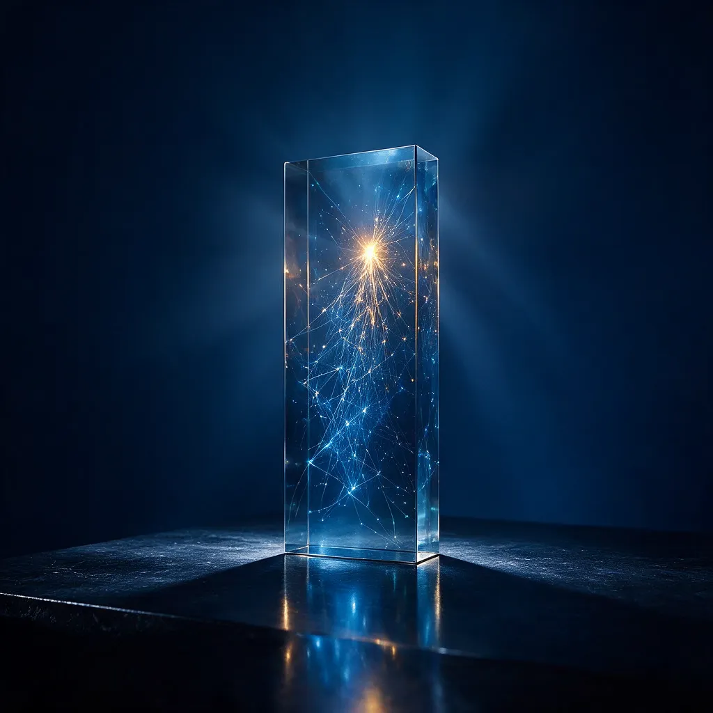 Representación de una red de información iluminada dentro de un bloque de cristal